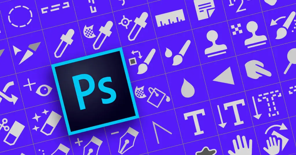 Image of Photoshop logo with library of tools