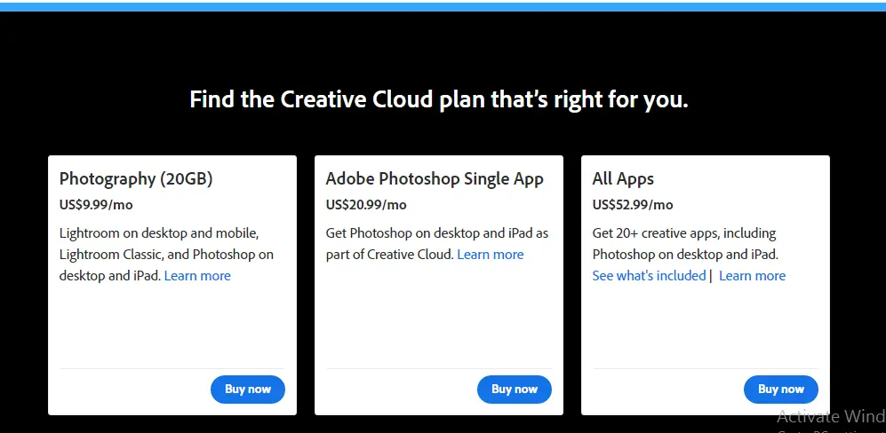 adobe photoshop pricing plans with details