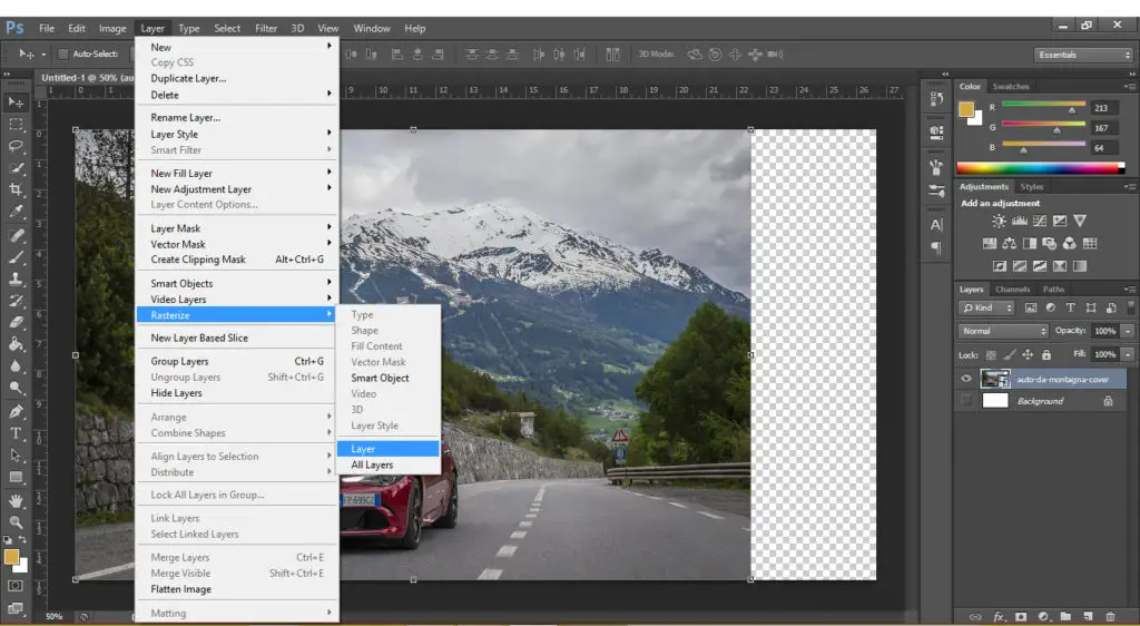rasterizing the image of the car in photoshop