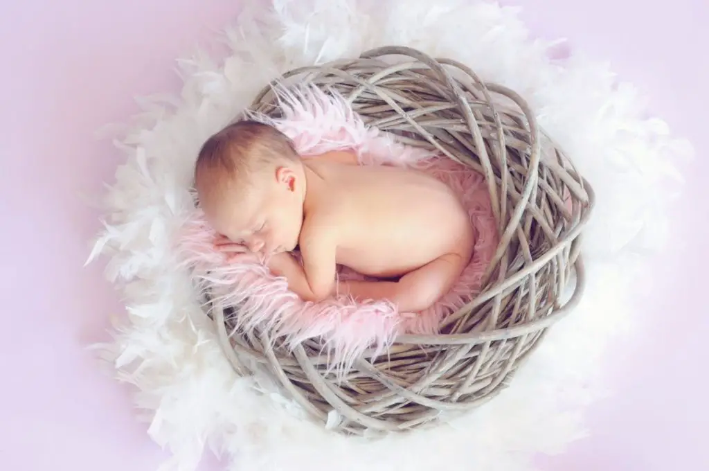 Baby sleeping in a basket with round feathers