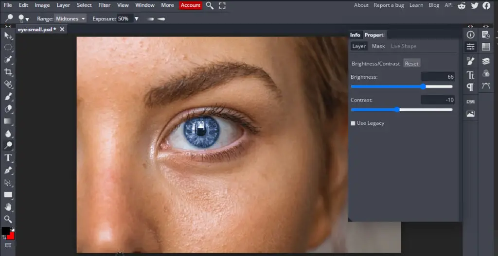 crystal blue eyes in online Photoshop tool using brightness/contrast layer