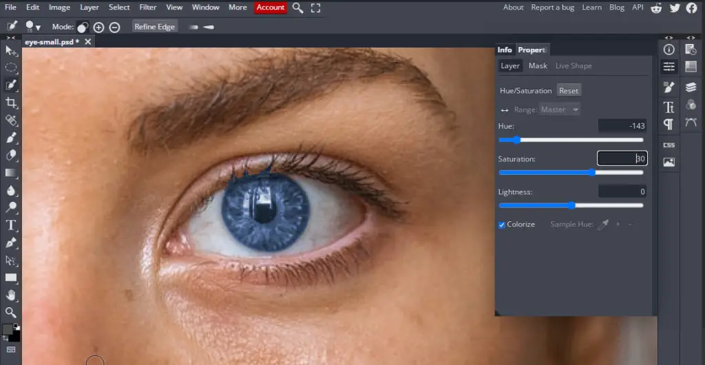 Change eye color to blue using Hue/Saturation Layer