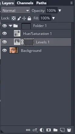 layers panel with hue/saturation and levels layer