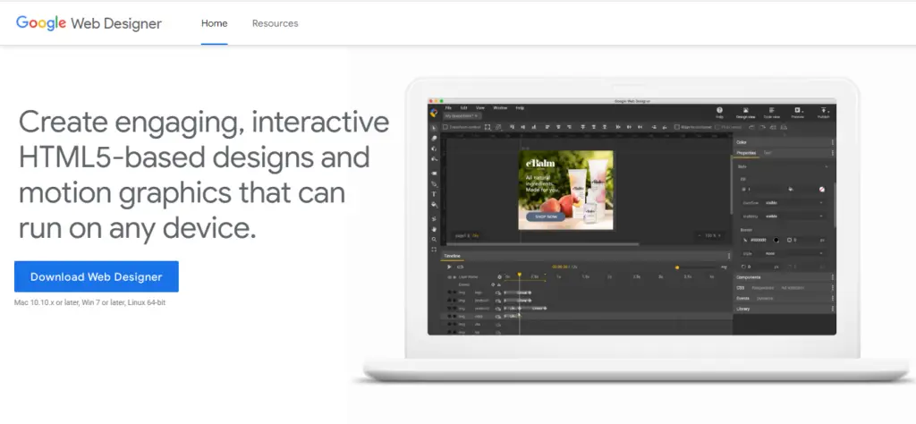 Google web designer interface. AN app that helps you create web animations with HTML5.