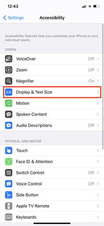 Opening display and text size option in settings