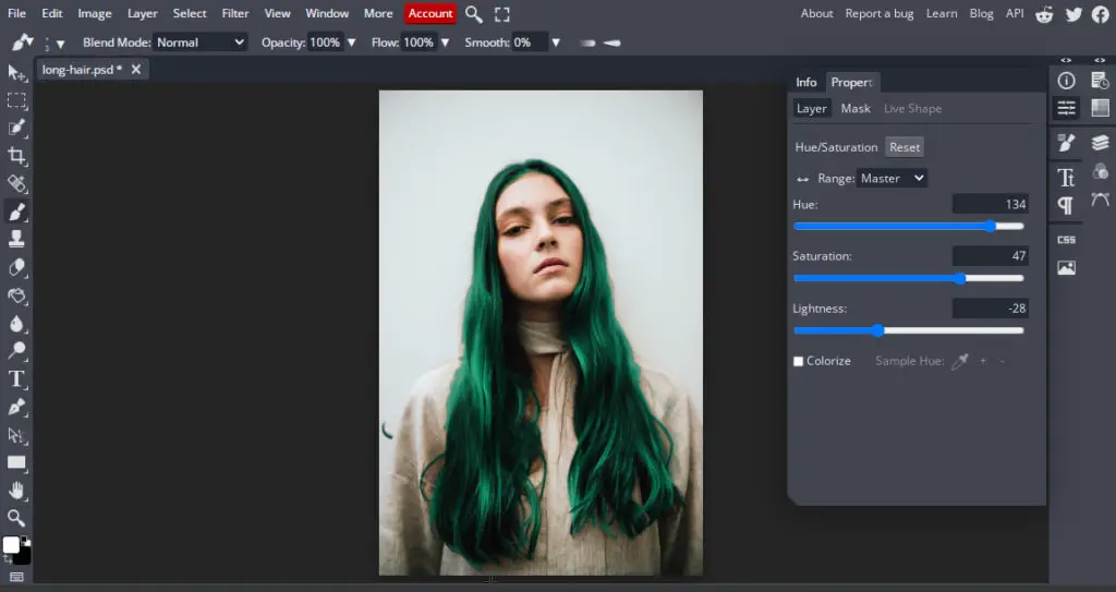 Changing hair color to green in BunnyPic for free online