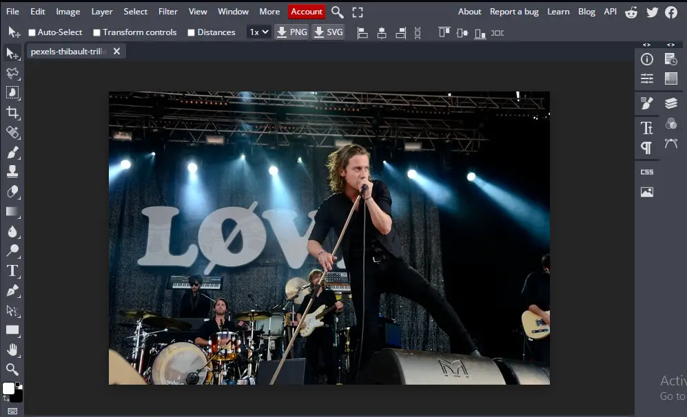 picture of singer in spotlight opened in online photoshop tool