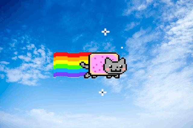 Nyan cat GIF floating on Bright blue sky 