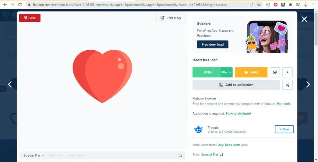 Screenshot of downloading free heart icon for sticker