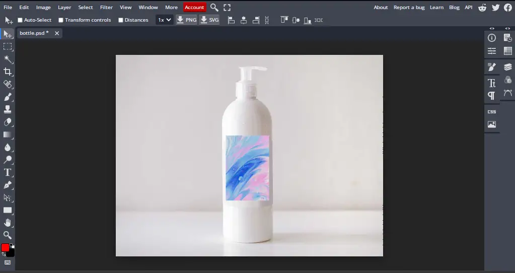 white bottle mockup with pink and blue design