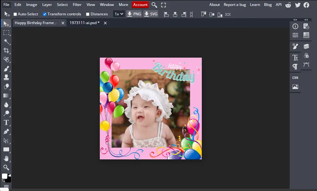 finished happy birthday frame editing in online photo editor