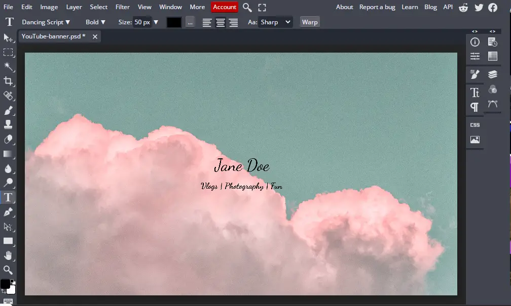 Styling font on YouTube banner in online Photoshop tool BunnyPic