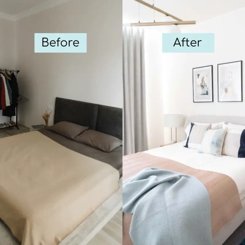final before and after image of bedroom makeover