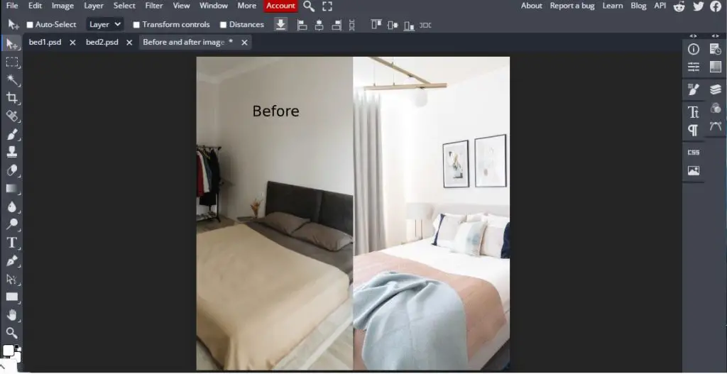 before text displayed on left picture of brown bed