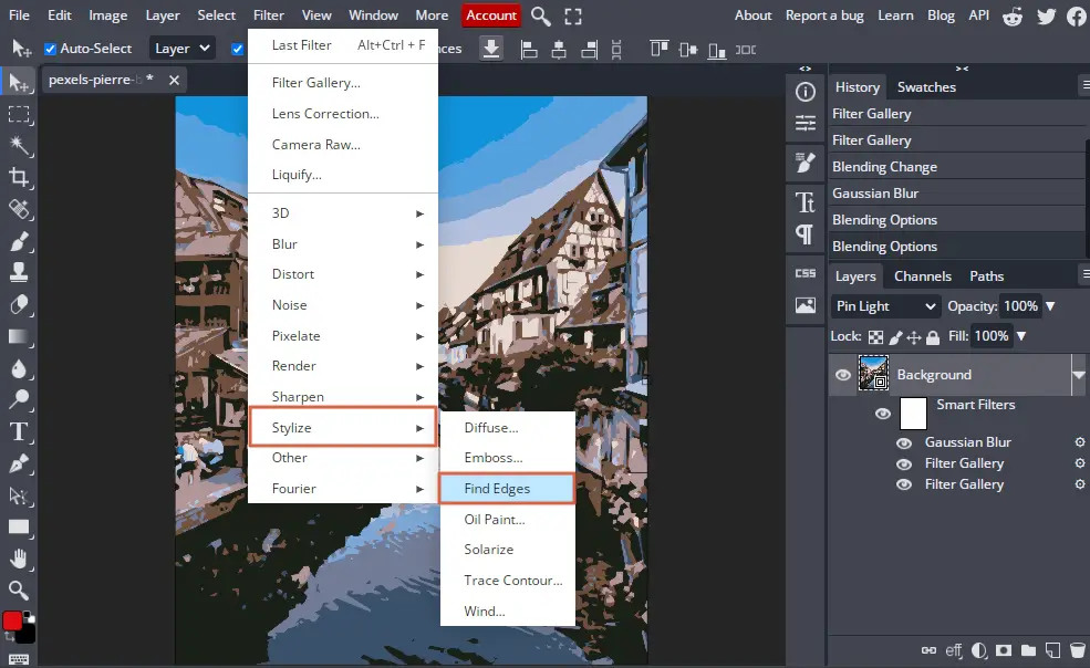 selecting find edges filter from stylize option