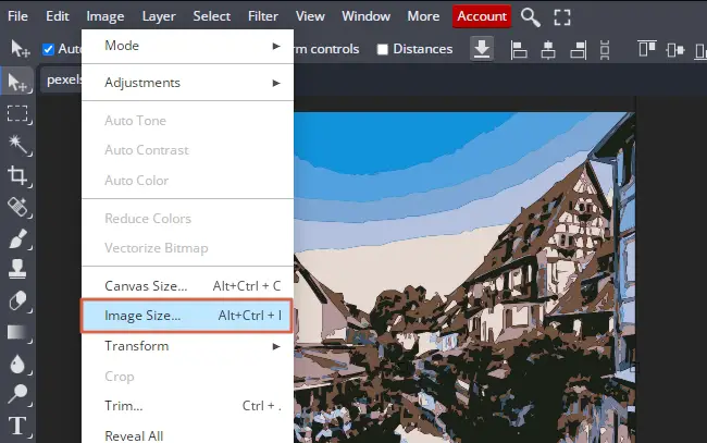 Selecting the image size to see dimensions