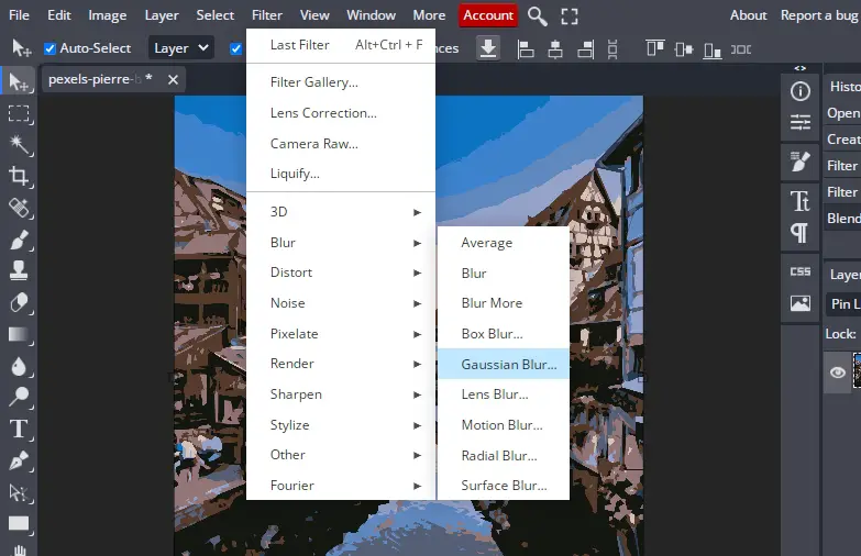 selecting gaussian blur from top toolbar