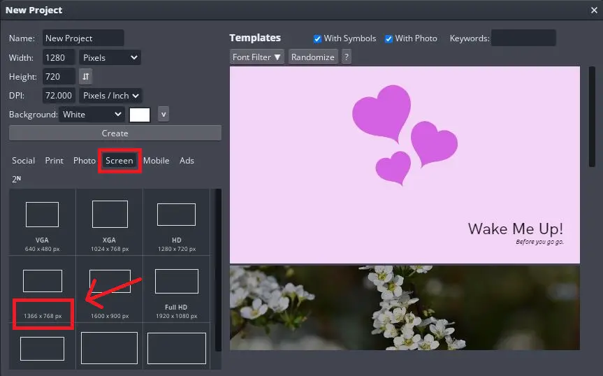 Viewing screen size templates in BunnyPic editor