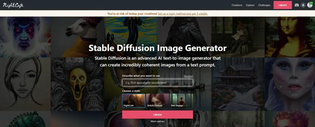 stable diffusion by nightcafe home screen